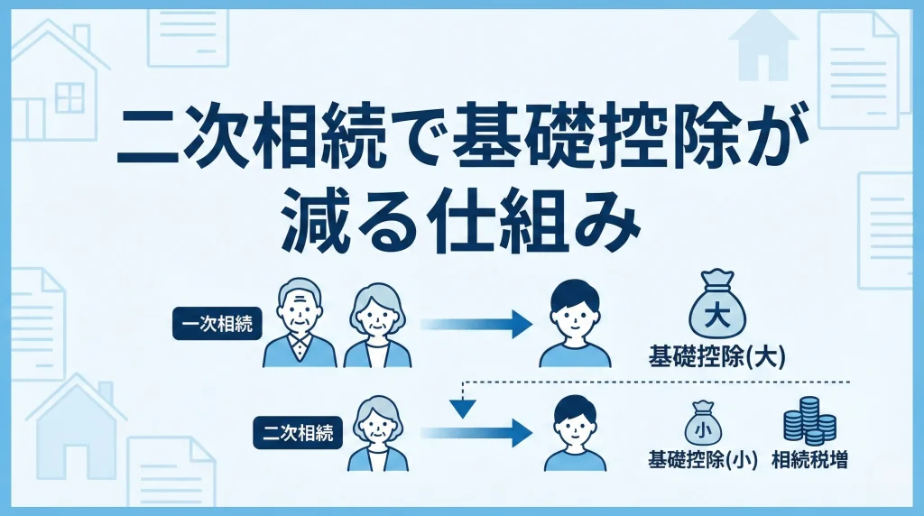 二次相続では基礎控除が減少し、相続税の負担が大きくなる仕組みについて解説したイラスト画像です。