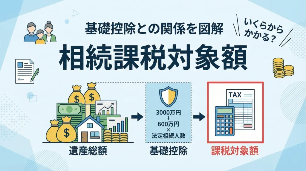 遺産総額から基礎控除を引いた相続課税対象額の仕組みと計算方法を、初心者向けに分かりやすく図解したイラスト