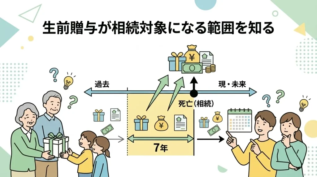 生前贈与した財産がどこまで相続対象に加算されるか、7年以内のルールを中心に解説します。