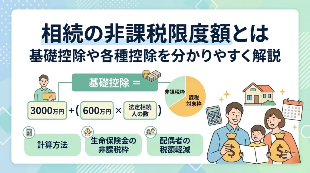 相続の非課税限度額とは、基礎控除の計算方法や各種の控除・特例について、フラットなイラストで分かりやすく解説するサムネイル。