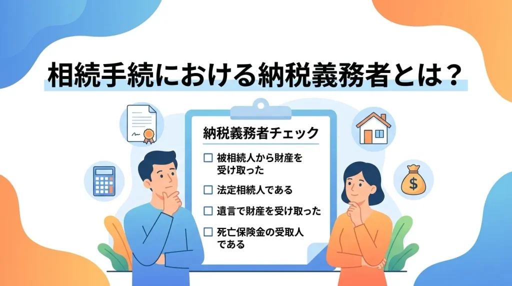 相続手続において、誰が相続税の納税義務者となるのか、その対象となる人や条件を解説するサムネイル画像。