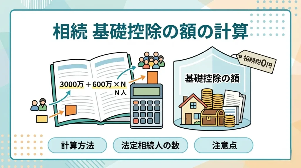 相続における基礎控除の額の計算方法を、法定相続人の数に応じた計算式とイラストを用いて分かりやすく解説した画像です。
