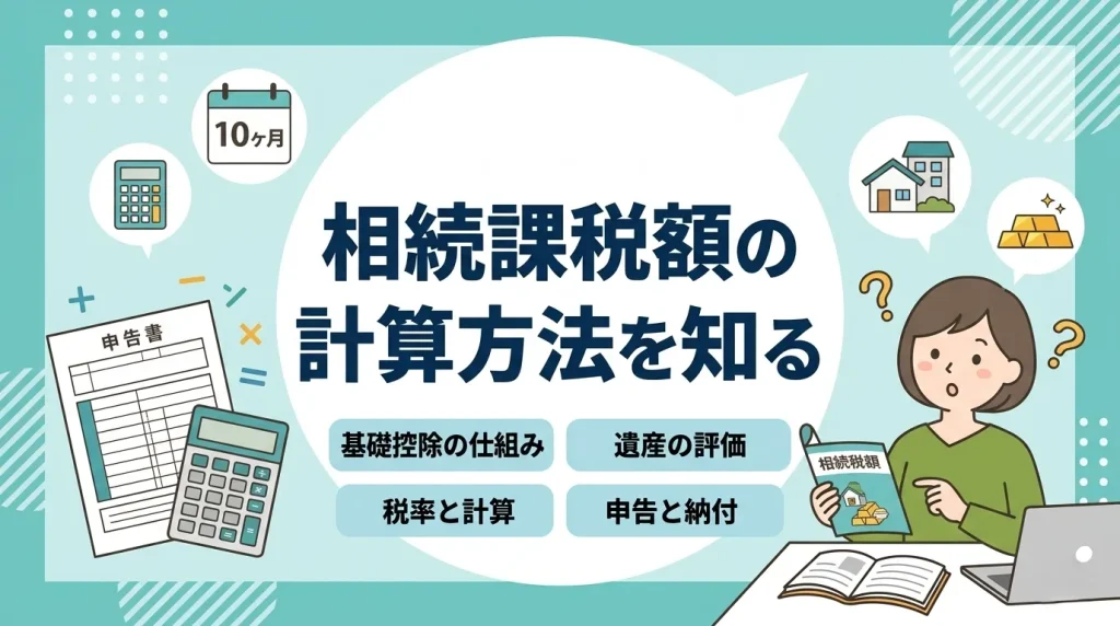 相続課税額の計算方法を知る。基礎控除や申告期限（10ヶ月）のイラストを交え、自分で計算する場合の手順を解説。