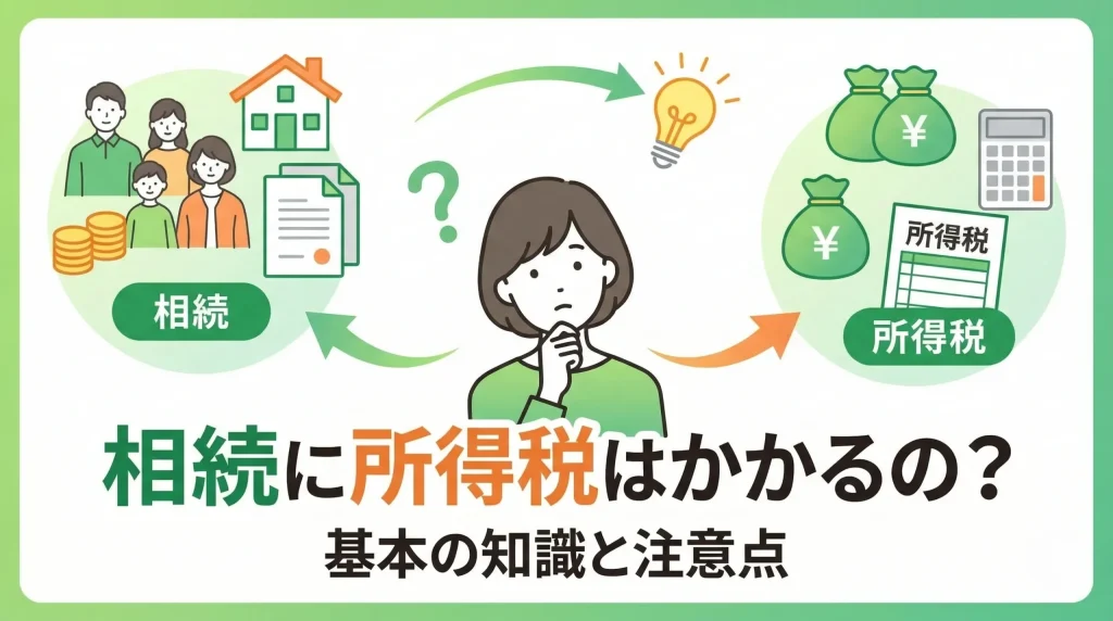 相続した財産に所得税がかかるのか、正しい知識と注意点を分かりやすく解説するイラストサムネイル。