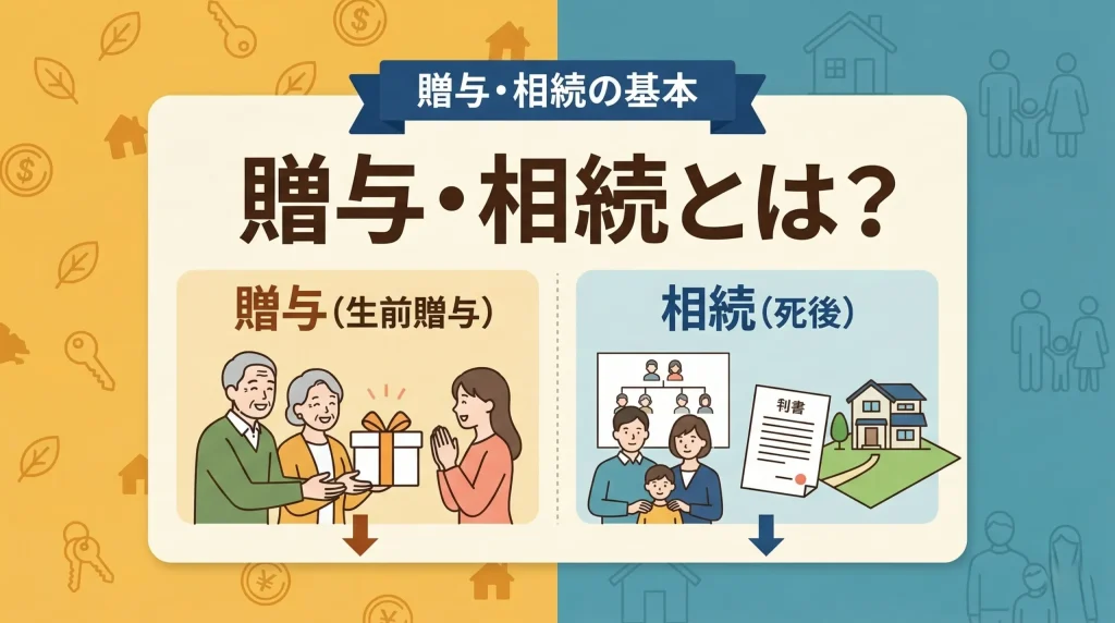 贈与と相続とは何かをテーマに、生前贈与と死後の相続の違いや基本知識を比較イラストで分かりやすく説明しています。