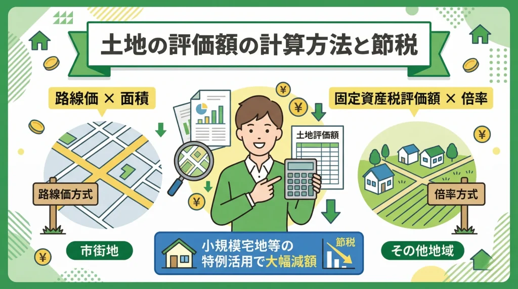 相続した土地の評価額を路線価方式と倍率方式で計算する手順と、特例を活用して節税する方法を解説。