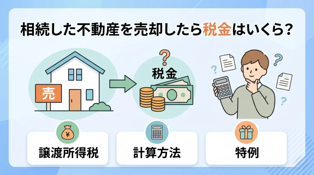 相続不動産を売却した時の税金はいくらかかる？ 譲渡所得税の仕組みや計算方法をまとめた記事のサムネイル画像。