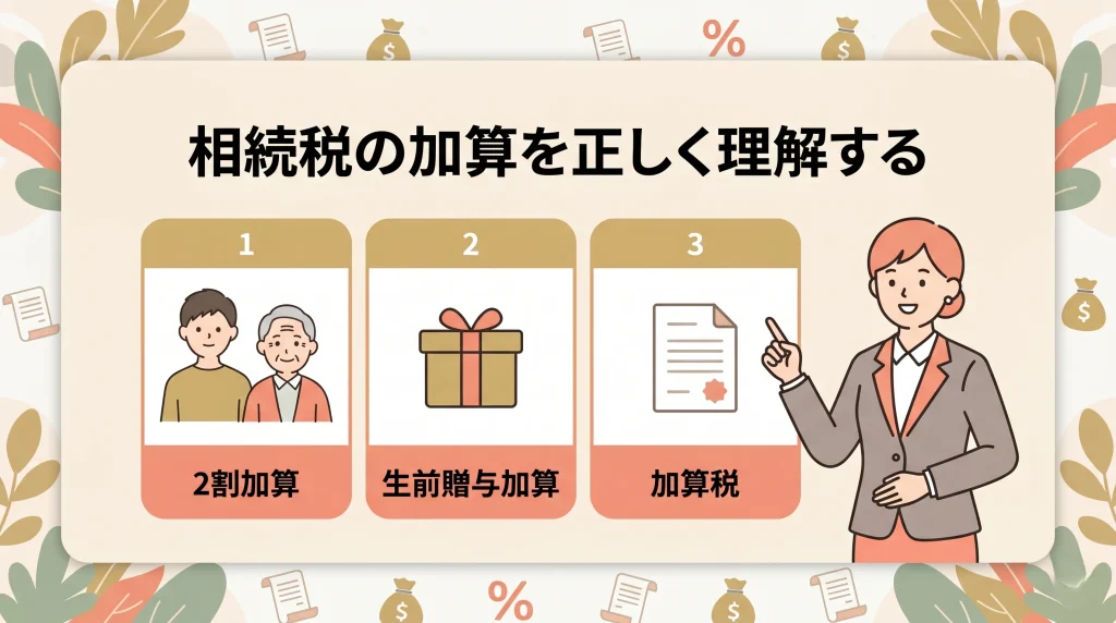 相続税の加算における2割加算や生前贈与加算、加算税などの種類を解説するサムネイルです