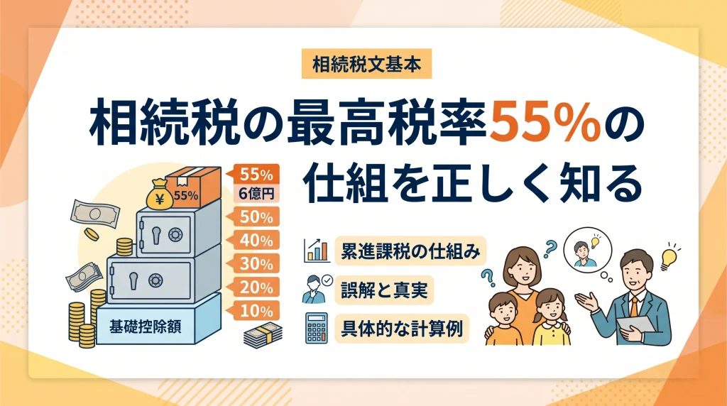 相続税の最高税率55%は全財産にかかるわけではないことを、わかりやすく伝えるサムネイル画像。