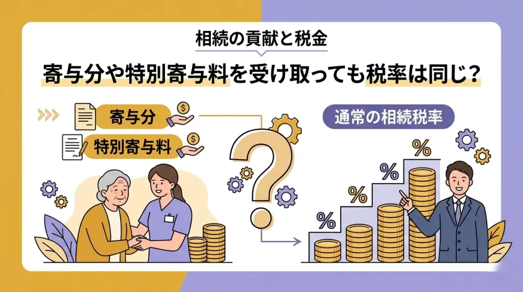 寄与分や特別寄与料を受け取っても低い税率が適用されるわけではなく、通常の相続税率が適用されることを解説。