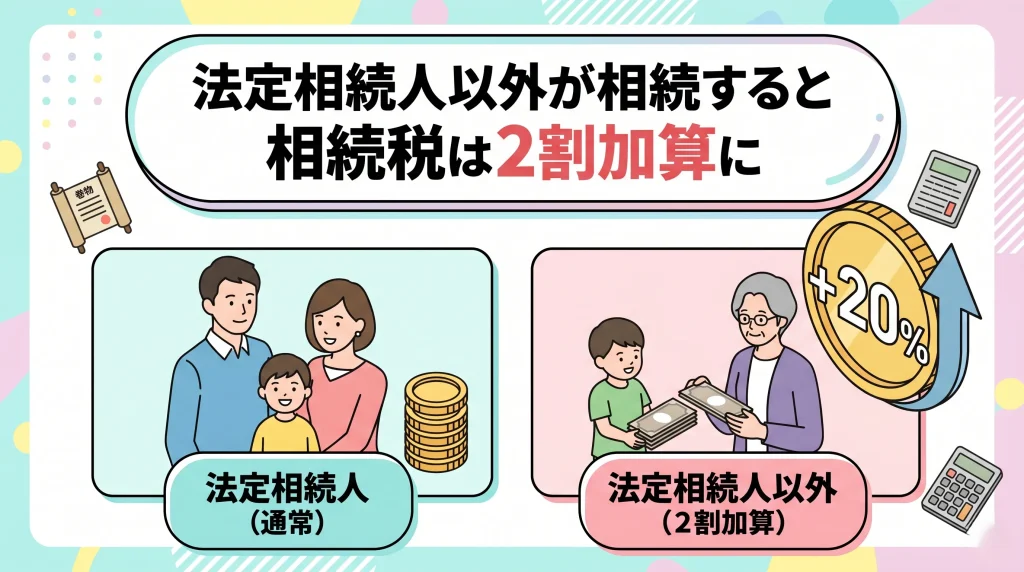 法定相続人以外が相続する際の相続税2割加算について、対象者や税負担の違いをイラストを用いて分かりやすく解説した画像。