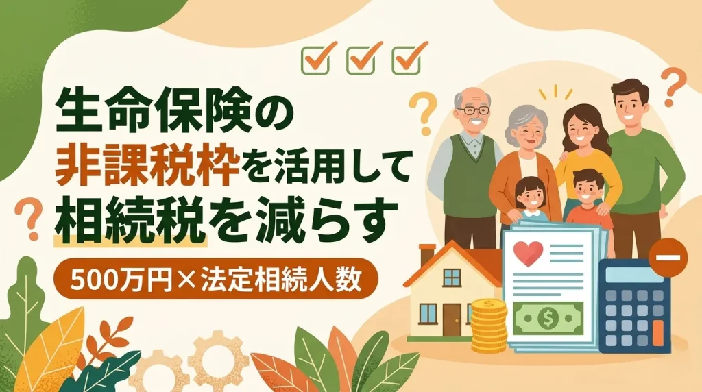 生命保険の非課税枠を活用して相続税を減らす方法と注意点について、わかりやすく解説するイラスト。