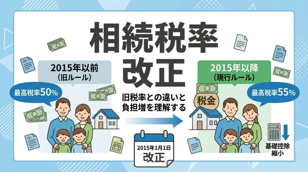 2015年の相続税率改正で最高税率が55%に引き上げられたことを、旧ルールとの比較で解説するサムネイル画像。