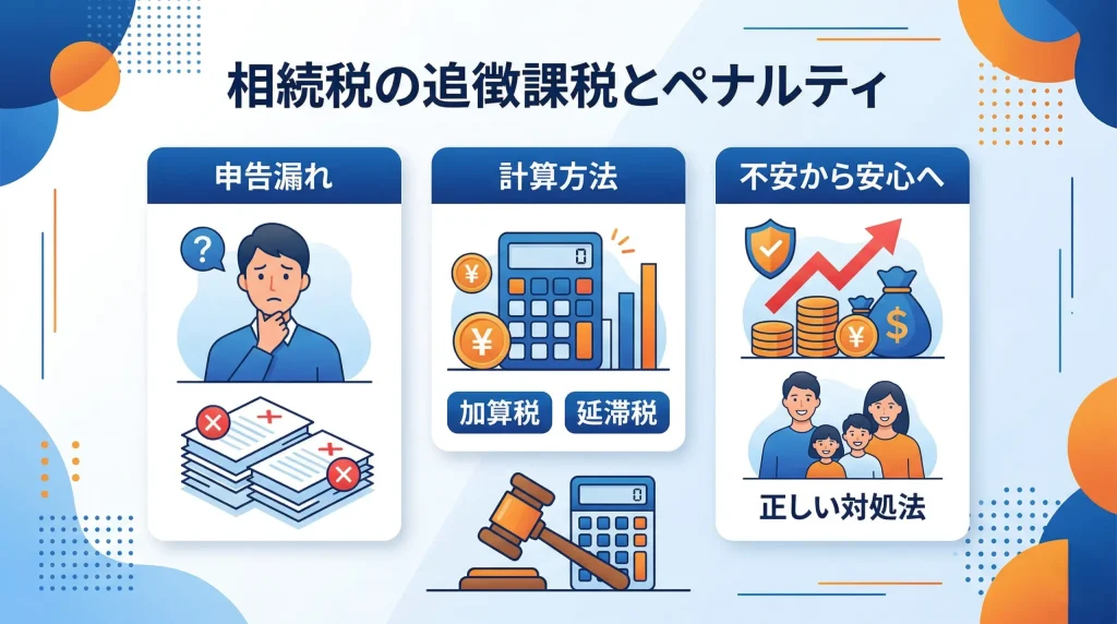 相続税の追徴課税の仕組みや加算税・延滞税のペナルティ、正しい計算方法を解説した記事のサムネイル画像。