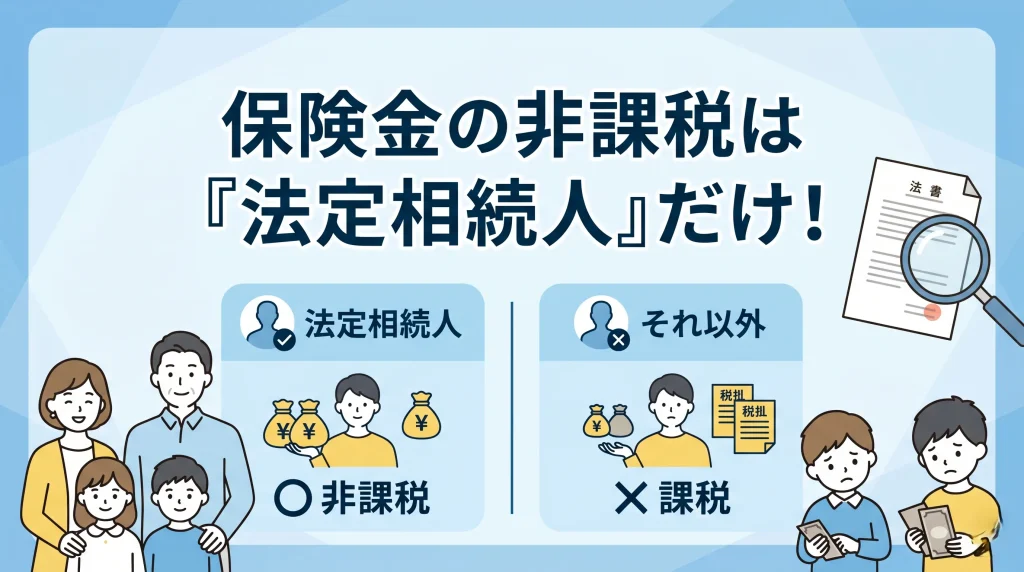 保険金の非課税は法定相続人だけが受けられる点について、家族のイラストと比較図を用いて分かりやすく解説した画像。