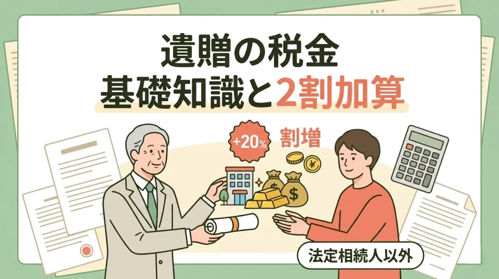 遺贈の税金の計算で、基礎控除や法定相続人以外への2割加算ルールを解説するイラスト。