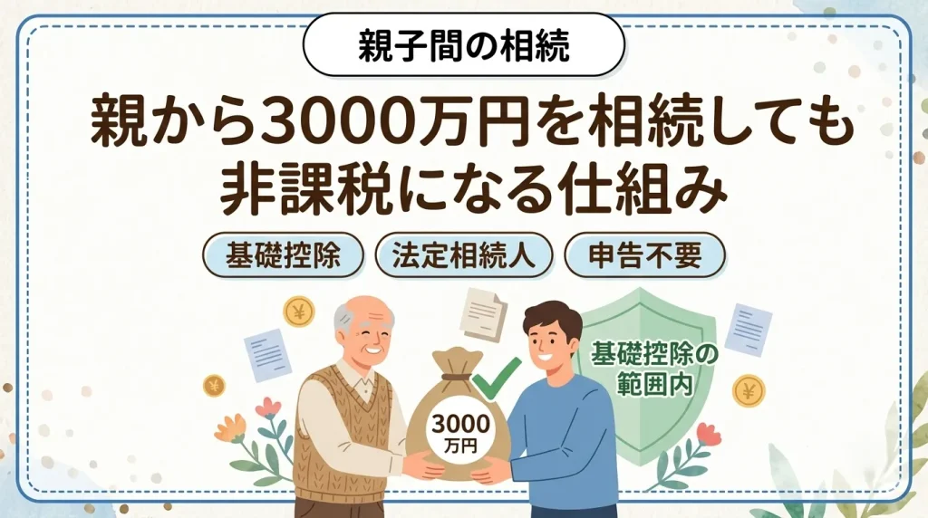 親から3000万円を相続しても、基礎控除額の範囲内であれば相続税は非課税となる仕組みを解説します。