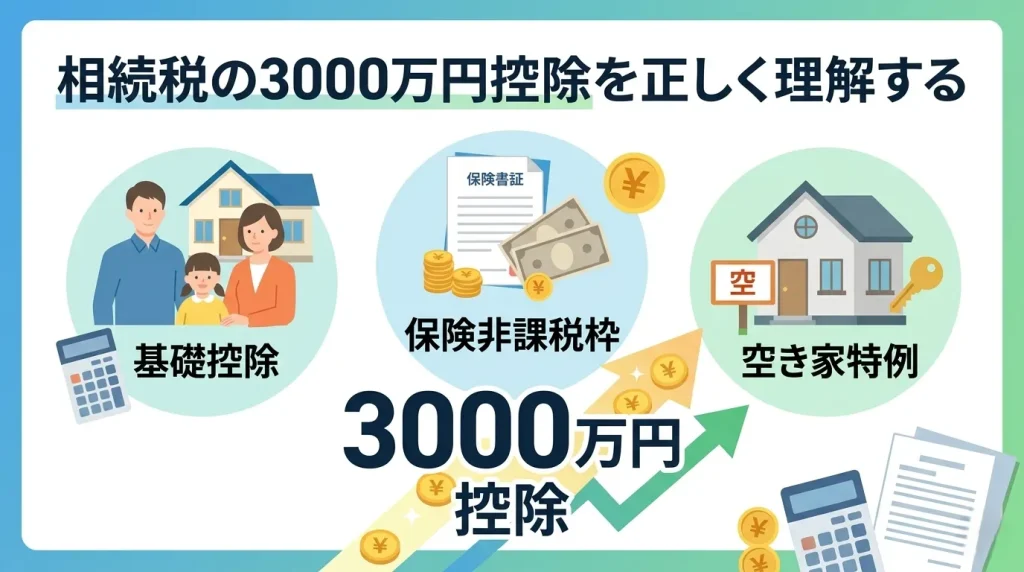 相続税の3000万円控除を正しく理解するために、基礎控除や保険の非課税枠、空き家特例の仕組みをまとめた解説イラスト画像。