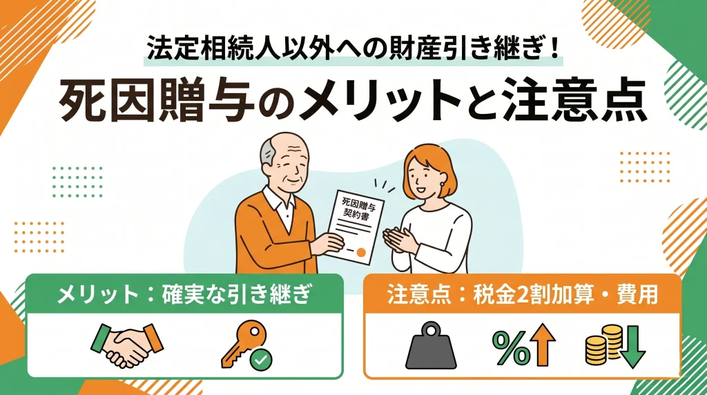 法定相続人以外の相続で死因贈与を選ぶメリットと、税金面の注意点を分かりやすく解説する。