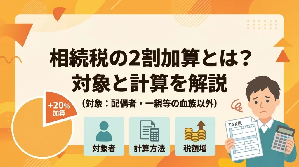 配偶者や一親等以外が対象となる相続税の2割加算について、対象者の判定基準や計算方法を解説したイラスト画像です。