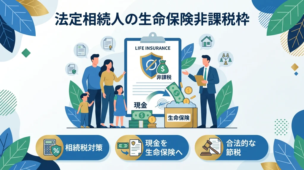 「法定相続人の生命保険非課税枠」をテーマにしたインフォグラフィック。家族と保険外交員のイラスト、非課税枠を強調した生命保険証書、そして下部に相続税対策、現金の保険転換、合法的な節税を示す3つの情報ボックスがある。