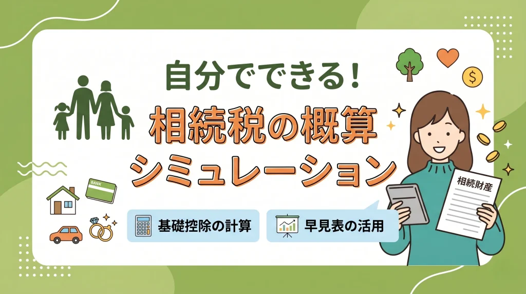 相続税の概算を自分で計算するためのシミュレーション方法を、基礎控除や早見表を活用して説明する画像。