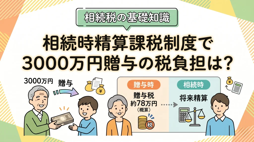 相続時精算課税制度で3000万円を贈与した場合の税負担と、将来の相続時に精算される仕組みを解説するサムネイル画像です。