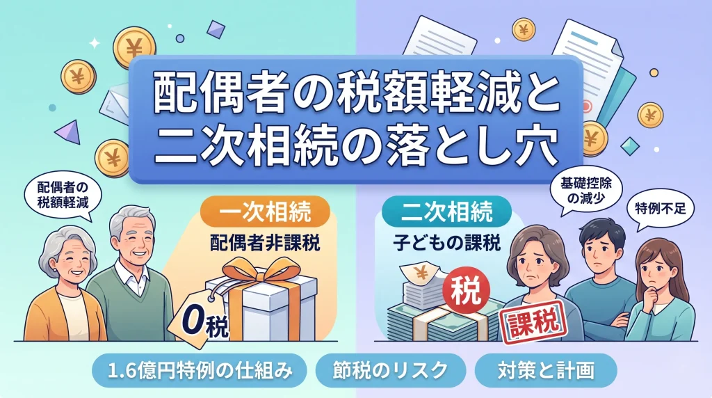 配偶者の税額軽減を使いすぎると、二次相続で子どもの税負担が激増するリスクがあることを解説。