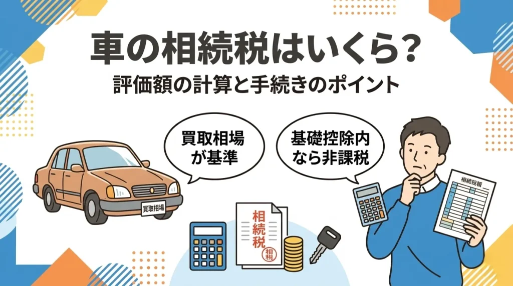 車の相続税の評価額計算や非課税となるケース、手続きの注意点などについて、分かりやすく解説したサムネイル。