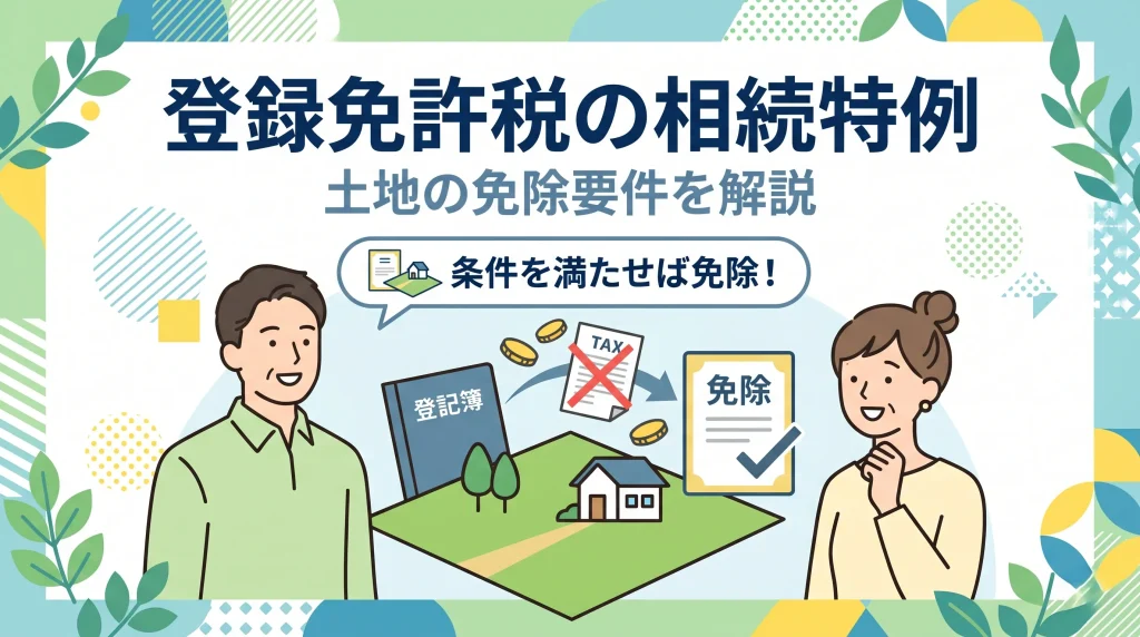 登録免許税の相続特例が適用される土地の免除条件や、不動産価額の基準、申請期限について詳しく解説した画像です。