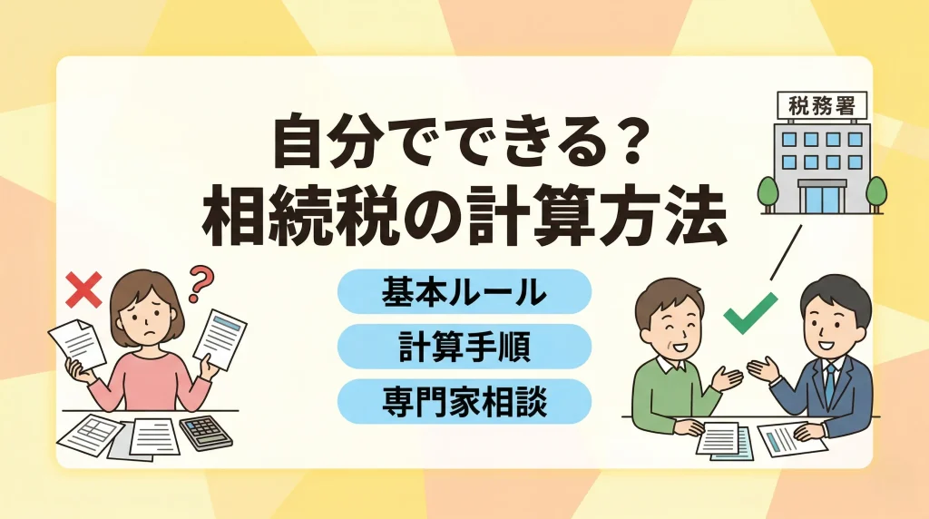 自分で相続税の計算ができるか悩む人の不安と、専門家に相談して申告する手順を解説したイラスト入り記事サムネイル。