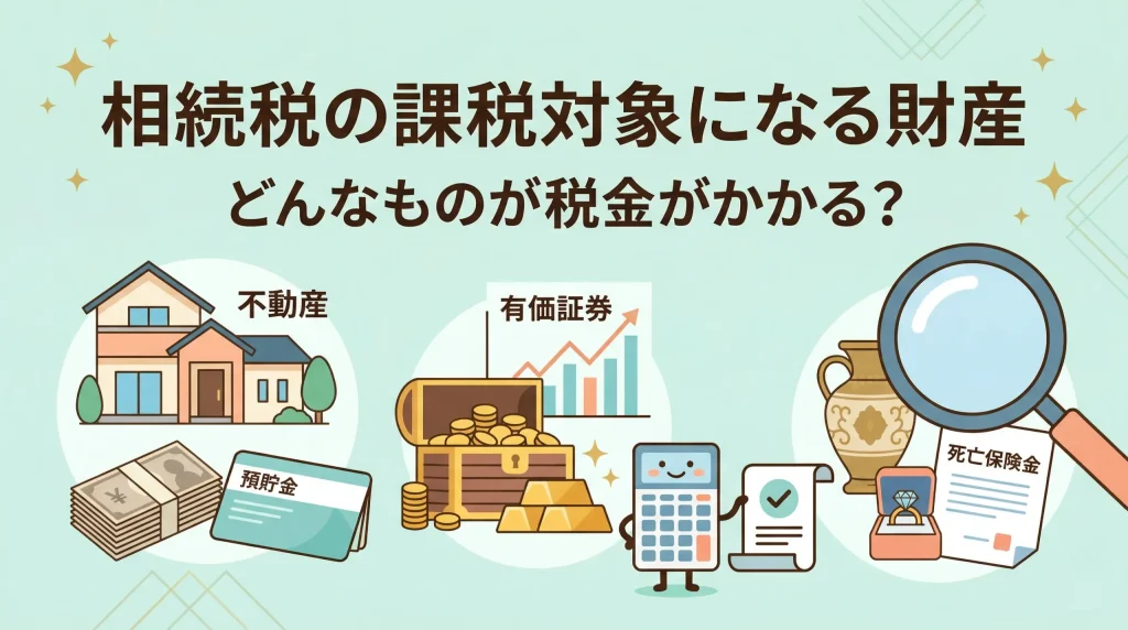 相続税の課税対象になる財産について、不動産や預貯金などの具体例を挙げて、計算の仕組みと合わせて解説します。