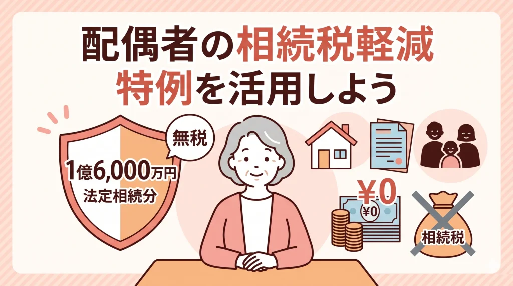 配偶者の相続税軽減特例について、1億6,000万円まで無税になるメリットと活用方法を分かりやすく解説したサムネイル。