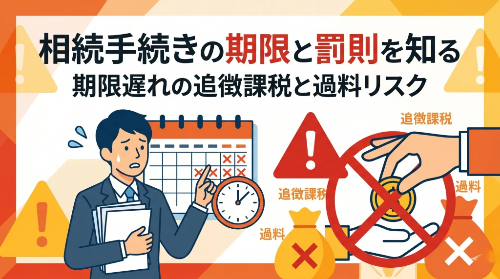 相続手続きの期限と罰則について、期限遅れによる追徴課税や過料のリスクをイラストで解説します。