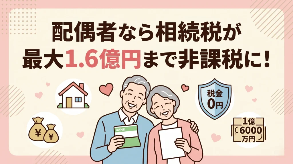 相続税の配偶者控除により1億6000万円まで非課税になる制度を、笑顔の夫婦のイラストで分かりやすく説明しています。