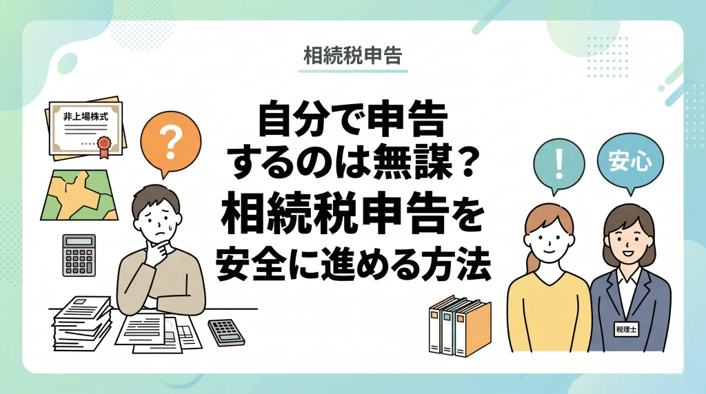 相続税の申告を自分で行う際の判断基準と、専門家へ依頼するメリットを解説したアイキャッチ画像です。