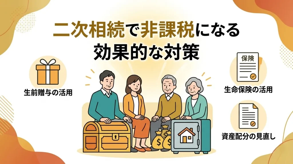二次相続で非課税になるための効果的な対策を解説する、家族と資産のイラスト入りサムネイル画像。