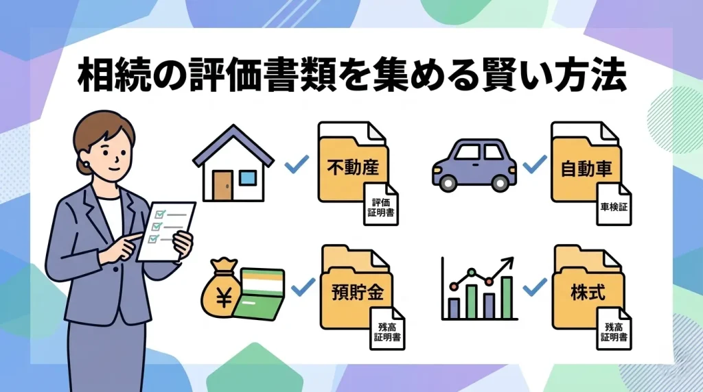 相続の評価書類を賢く集めるコツと、財産ごとに必要な書類をわかりやすく紹介する。