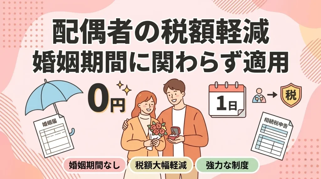 婚姻期間に関わらず適用される相続税の配偶者の税額軽減について解説するサムネイル。