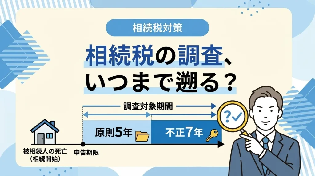 相続税の調査はいつまで遡るかについて、原則5年や不正時の7年という期間をイラストと図解で分かりやすく解説した画像。
