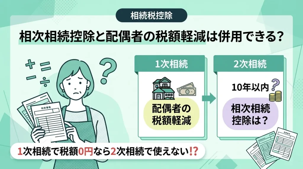 10年以内の相次相続控除と配偶者の税額軽減の併用について解説。1次相続で税額0円なら使えない等の注意点を説明。