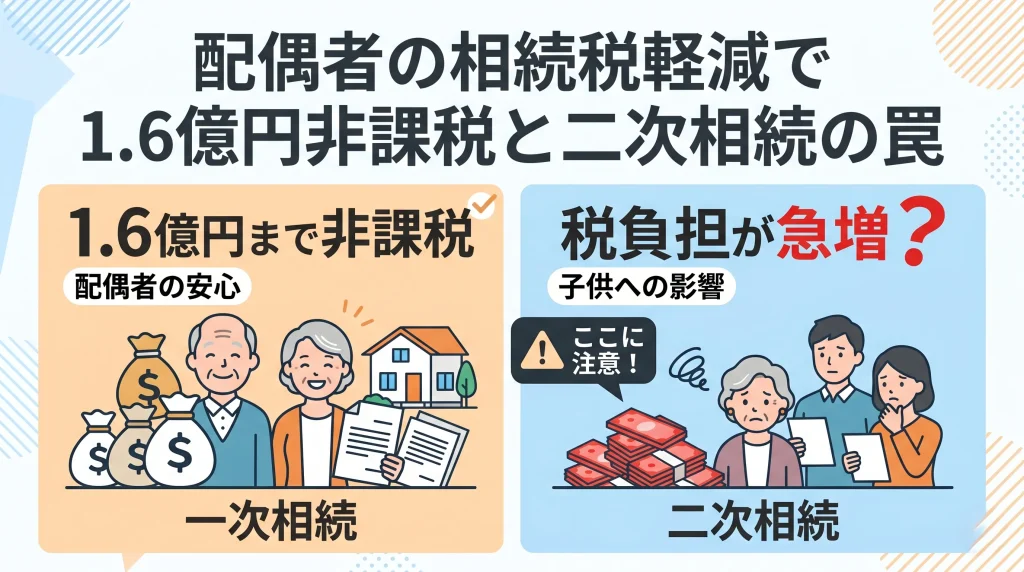 配偶者の相続税軽減で1.6億円非課税となる特例の仕組みと、注意すべき二次相続の罠について解説。
