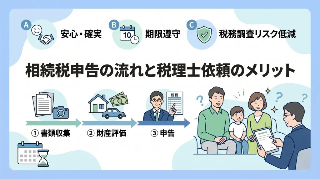 相続税申告の流れと、専門家に依頼するメリットを分かりやすく解説。安心・確実な手続きをサポートします。