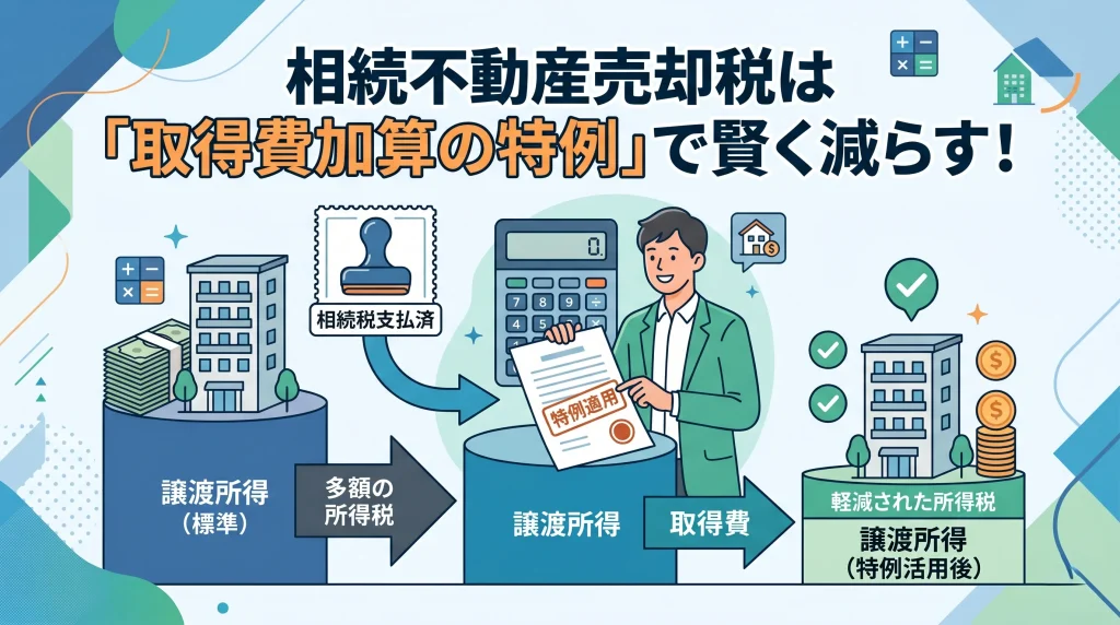 相続不動産の売却税金を減らす仕組みである「取得費加算の特例」の活用方法を解説するイラストです。