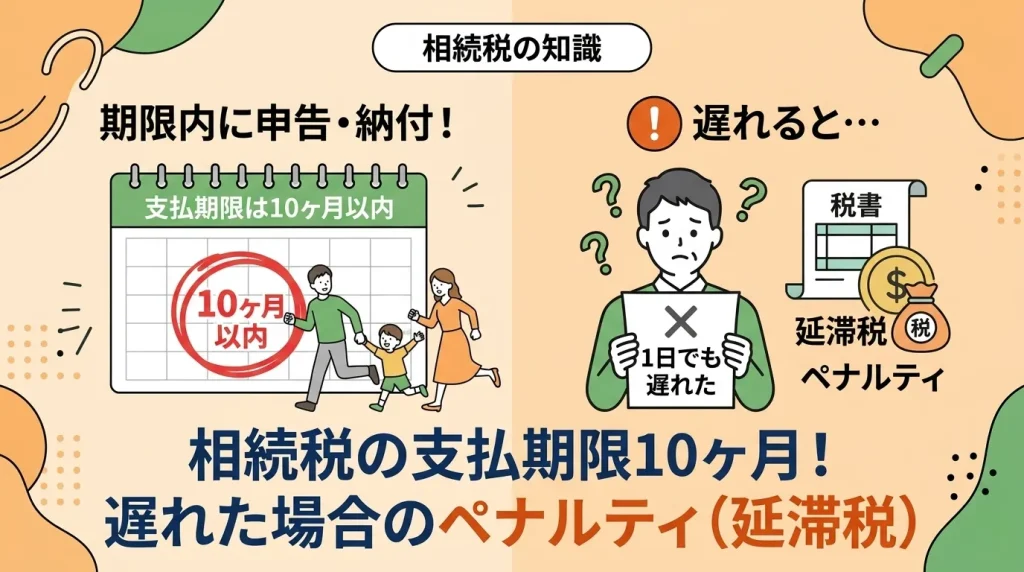 相続税の支払期限は10ヶ月です。1日でも過ぎると延滞税などのペナルティが課されます。
