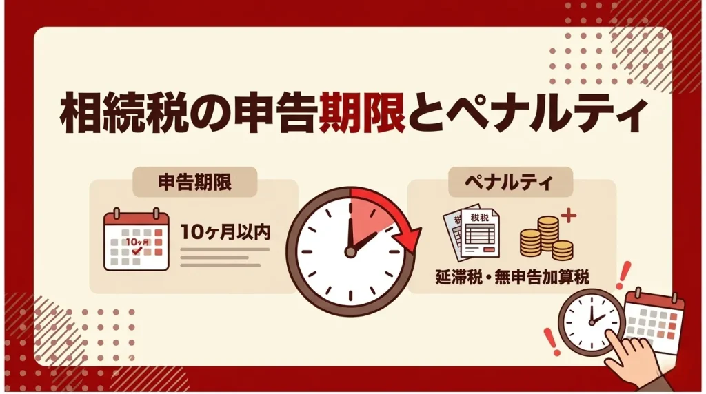 相続税の申告期限とペナルティについて、10ヶ月の期限を過ぎた場合の延滞税などを解説するイラスト。