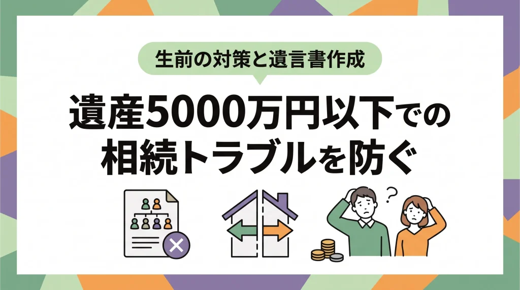 遺産5000万円以下で発生する相続トラブルの実態と、生前の対策や遺言書作成などの事前準備を解説した画像。