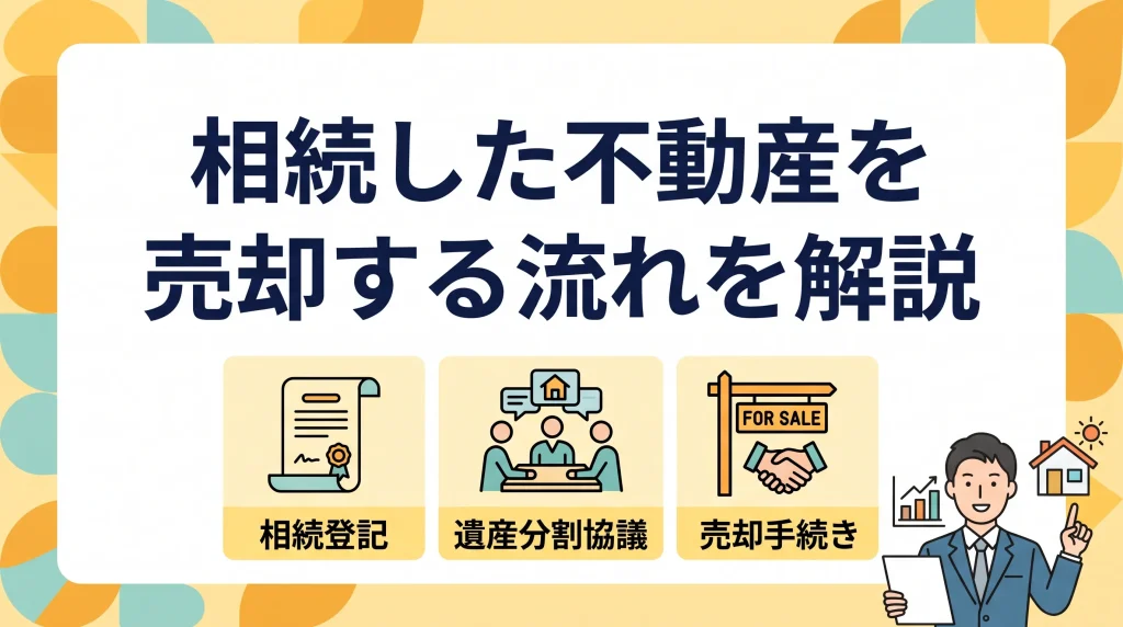 相続した不動産を売却するための、相続登記や遺産分割協議から実際の売却手続きまでの一般的な流れを、イラストとテキストで分かりやすくまとめた記事サムネイル画像です。