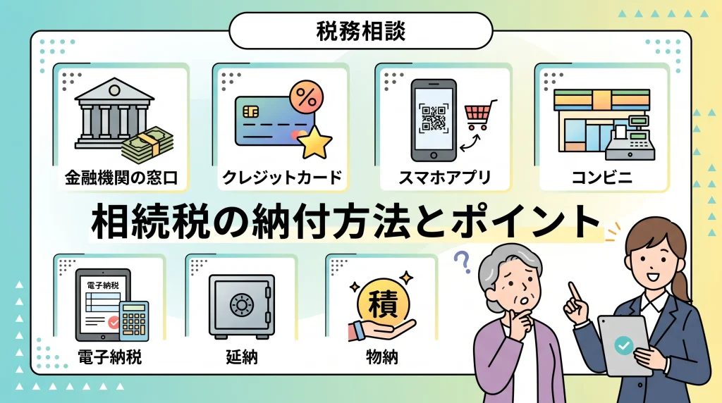 相続税の納付方法とポイントをイラストでわかりやすく解説。最適な支払い方の選び方が理解できます。