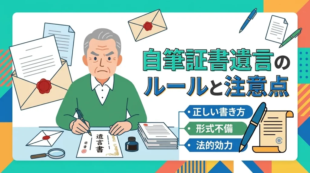 自筆証書遺言に法的効力を持たせるための書き方ルールや無効を防ぐ重要ポイントを分かりやすく解説した画像です。